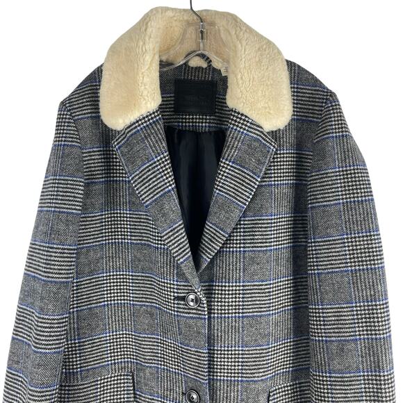 Levi's Amaya Wool Blend Houndstooth Plaid Coat Faux Fur Gray Blue Size L - Picture 5 of 11